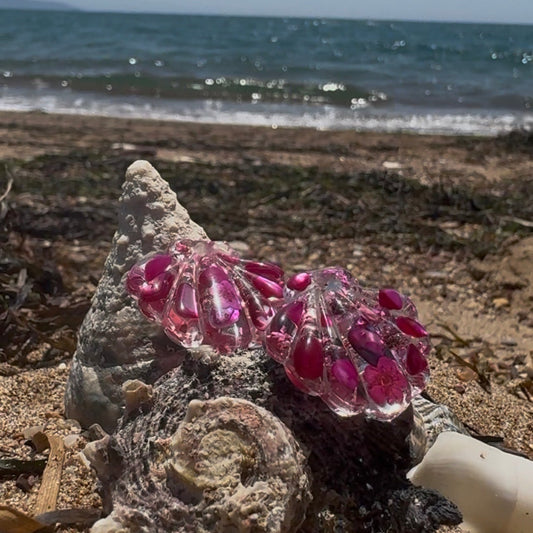 Handmade Pink Abalone Shell & Flowers Resin Hoop Earrings