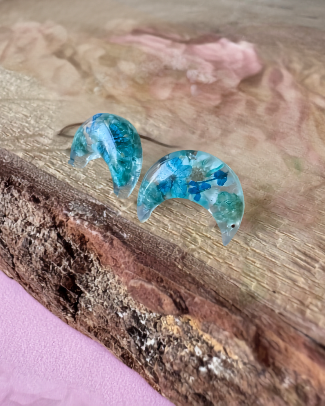 Aqua Moon Handmade Stud Earrings | Whimsical Botanical Jewellery | Meaningful Pressed Flower Gift
