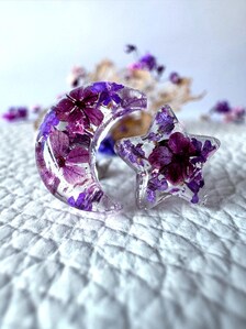 Moon & Star Mismatched Stud Earrings | Celestial Purple Studs | Magical Botanical Jewellery