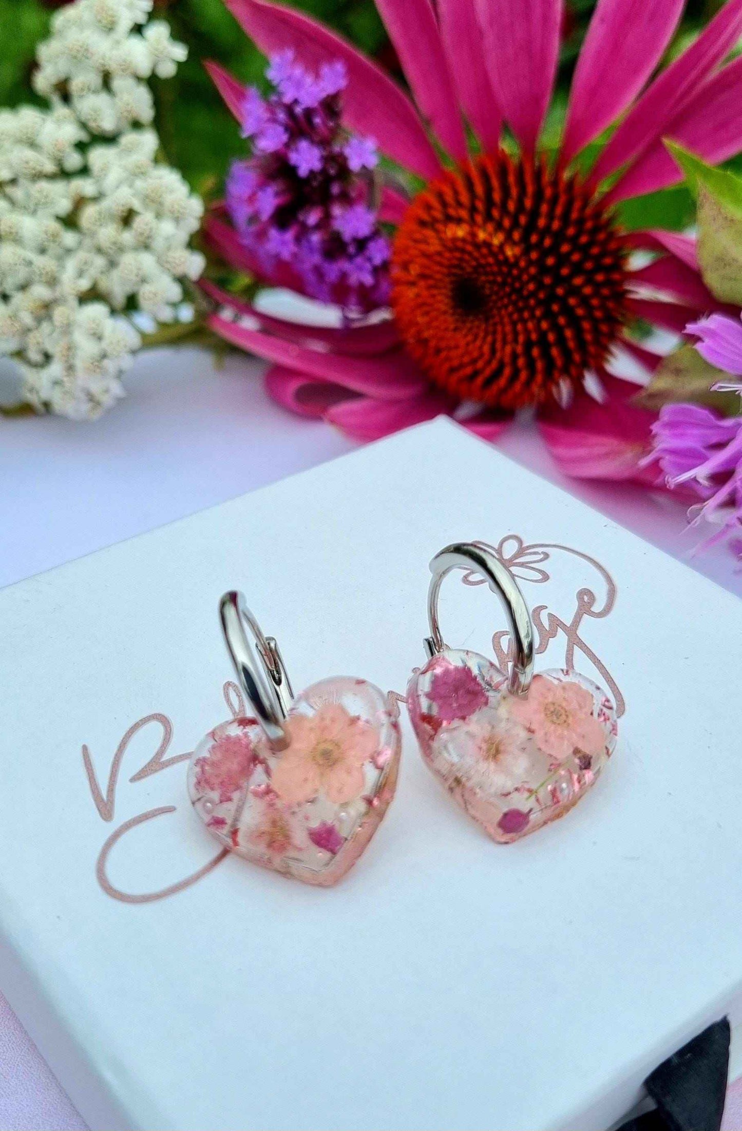 Pink Heart Hoop Earrings | Real Pressed Flower Botanical Jewelry | Meaningful Gift for her