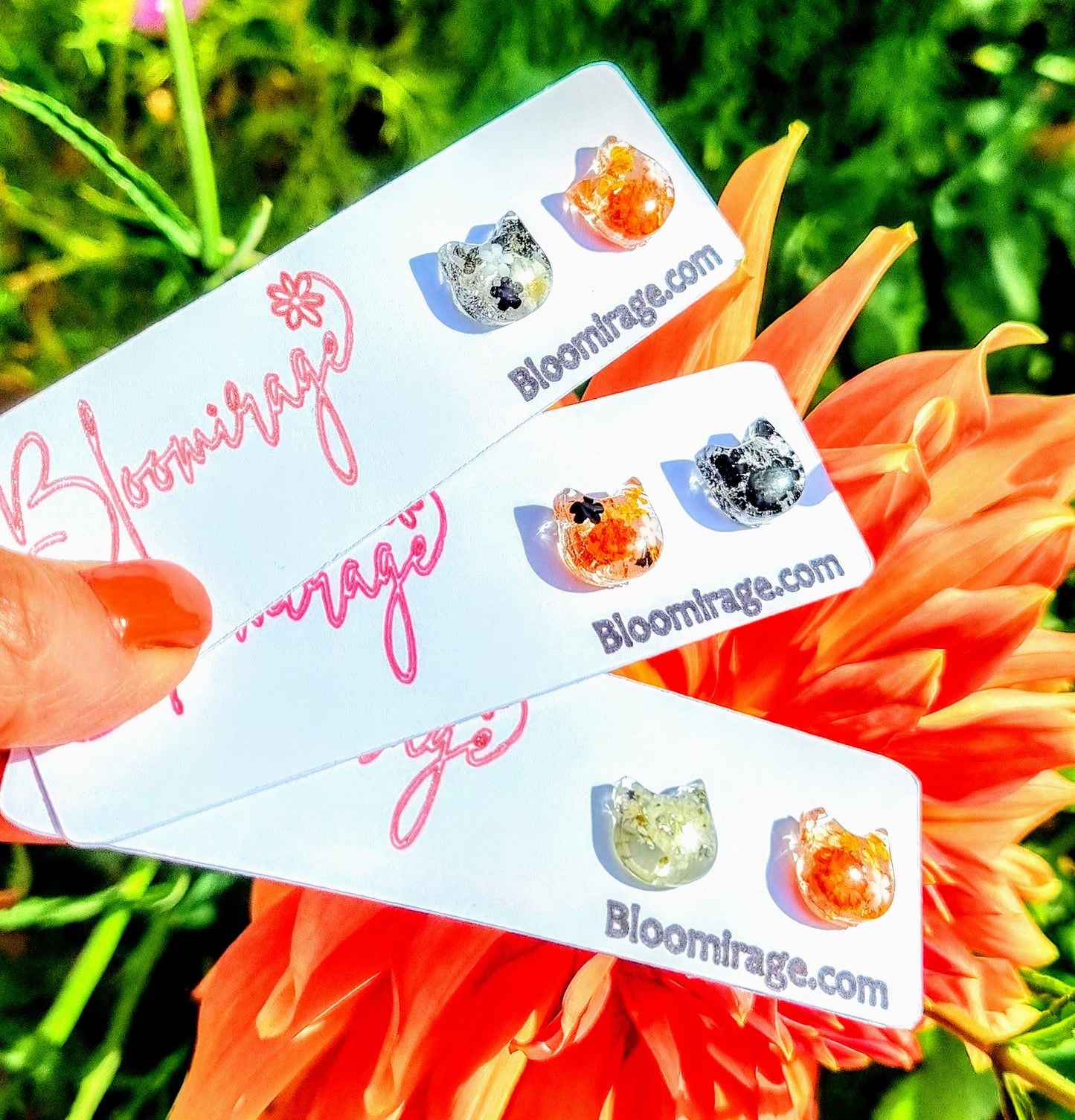 Cat Stud Earrings | Handmade Resin Jewellery | Real Pressed Flower | Feline Lover Gift