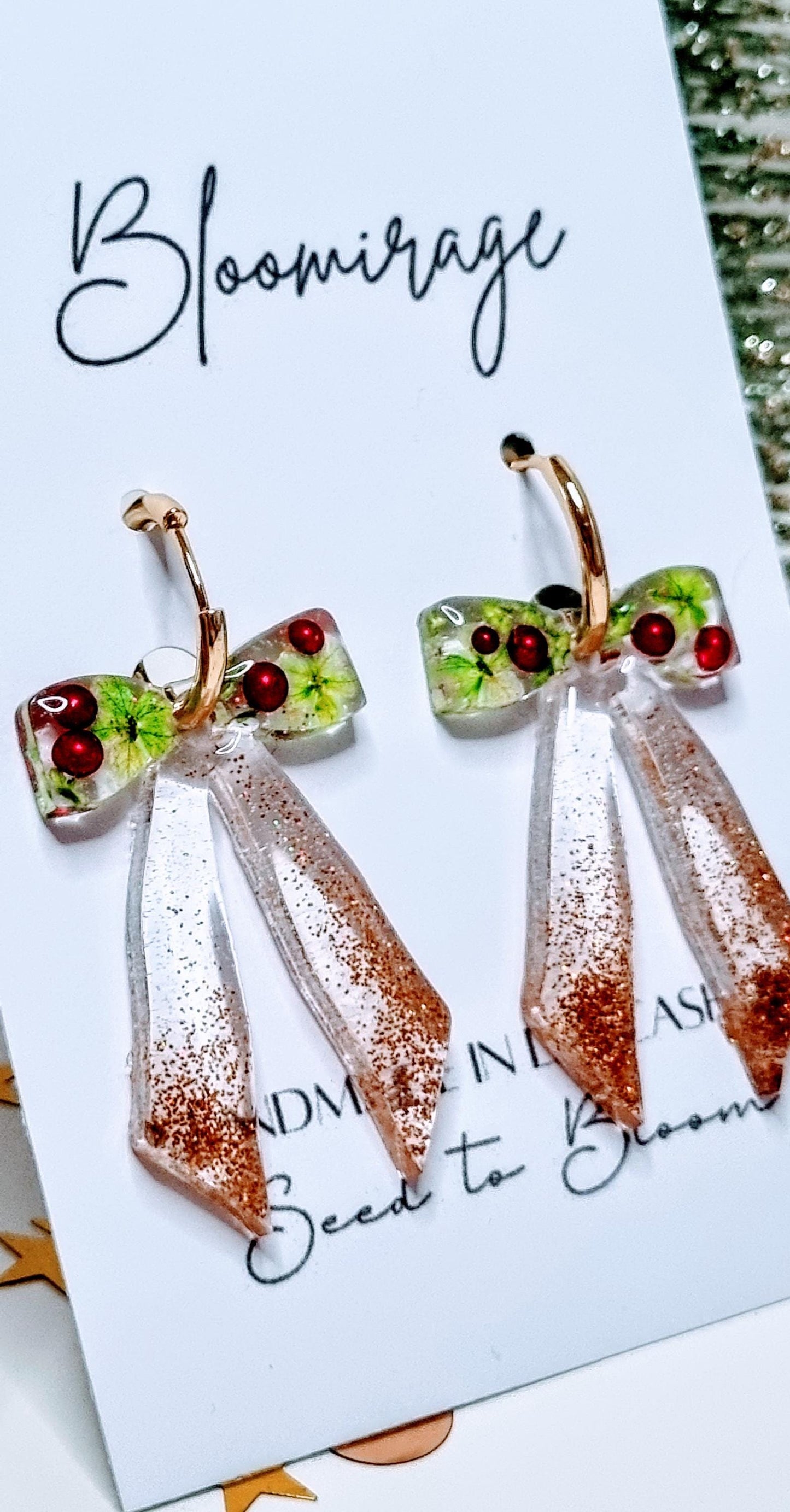 Christmas Bow Hoop Earrings | Bowble Botanical Winter Jewellery | Meaningful Gifts for Her | Red & Green