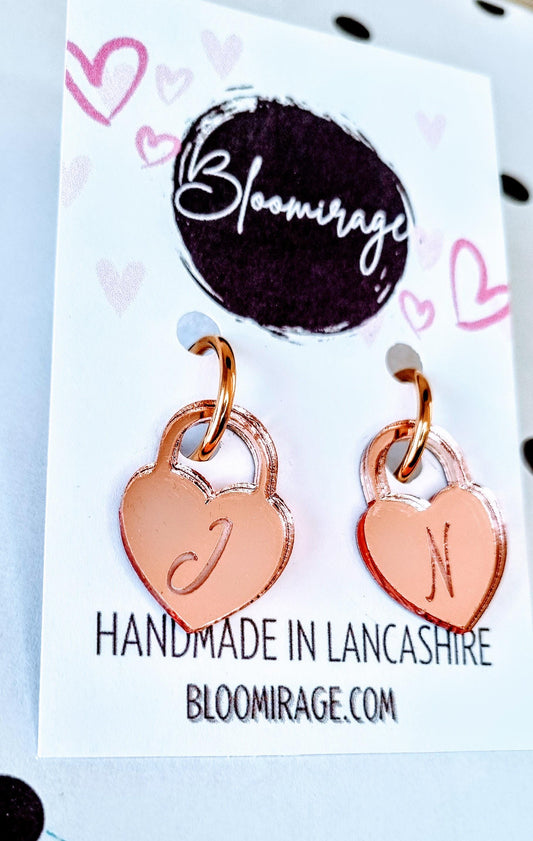Personalised Love Lock Heart Earrings | Rose Gold Acrylic | Valentines Day | Handmade Jewellery
