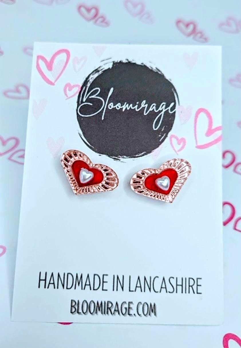 Rose Gold 3D Heart Stud Earrings | Handmade Hypoallergenic Valentines Jewellery