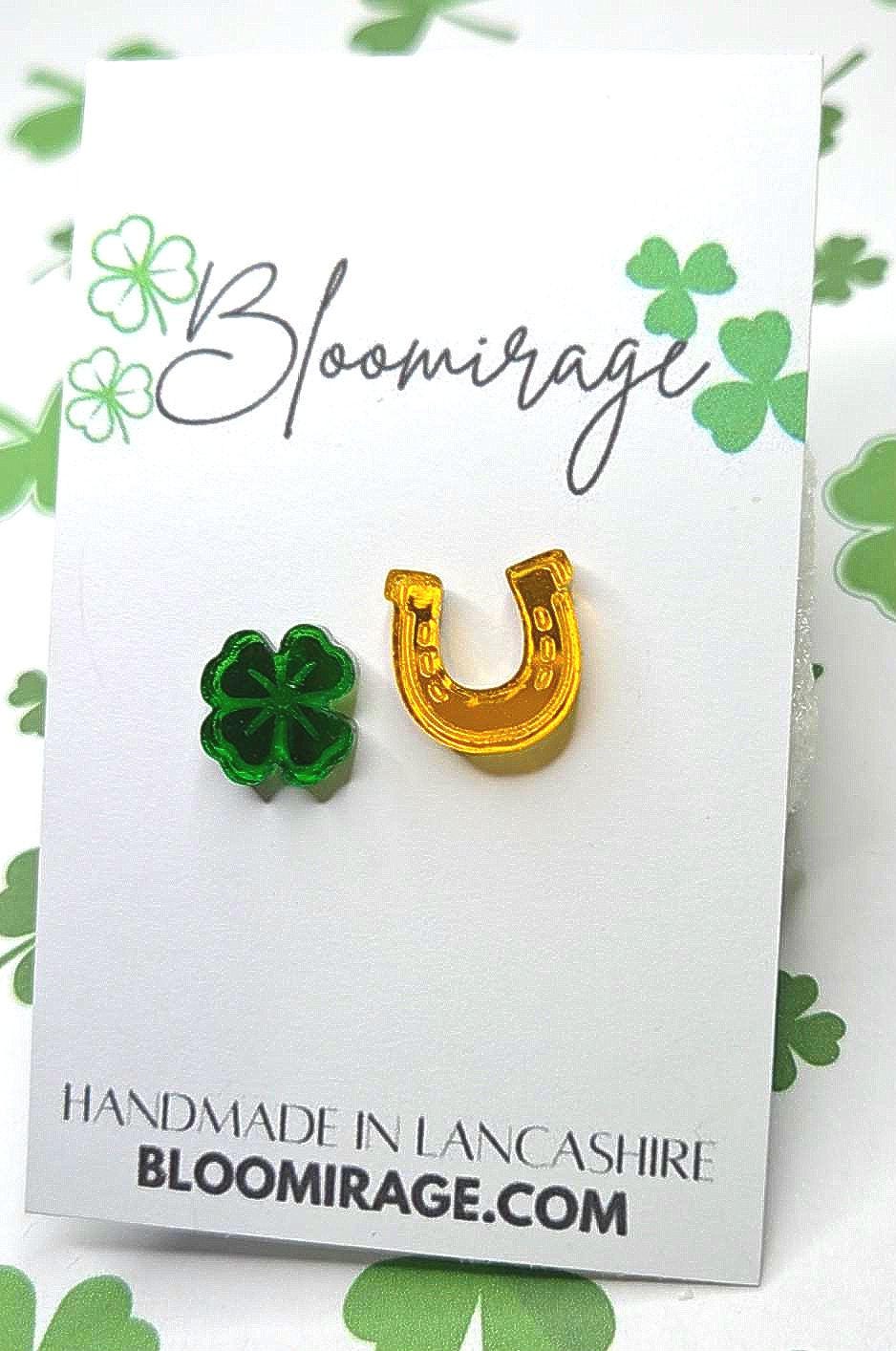 Shamrock & Lucky Horseshoe Mismatch Stud Earrings | St Patricks Day | Irish Theme | Handmade Jewellery