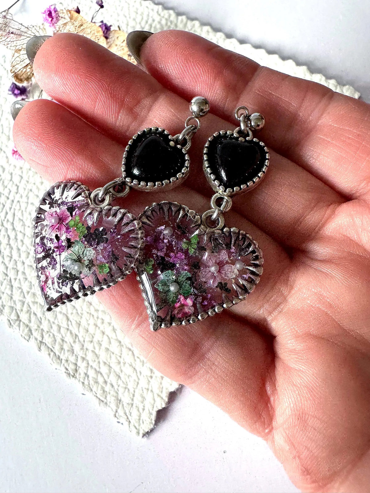 Magical Flower Resin Fairycore Earrings | Unique Double Heart Design with Real Pressed Flowers