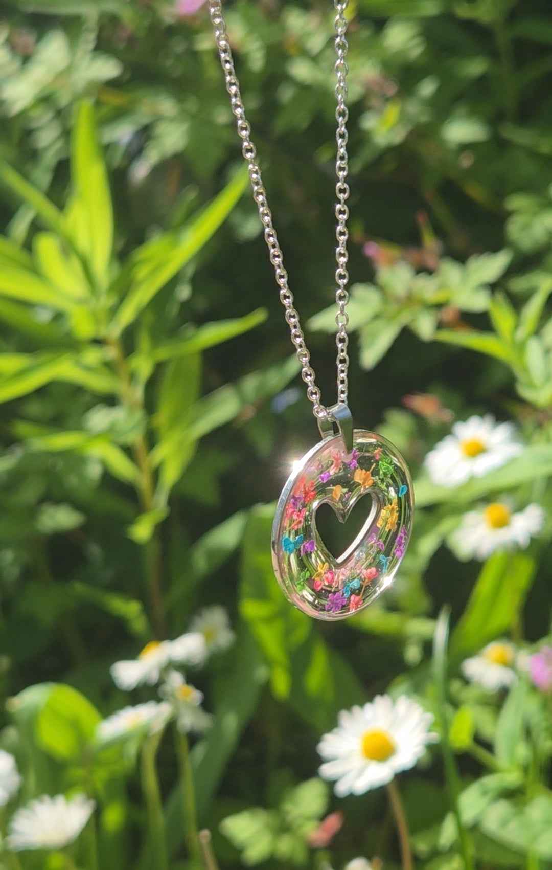 Confetti Heart Pendant Resin Necklace Real Queen Annes Lace flowers