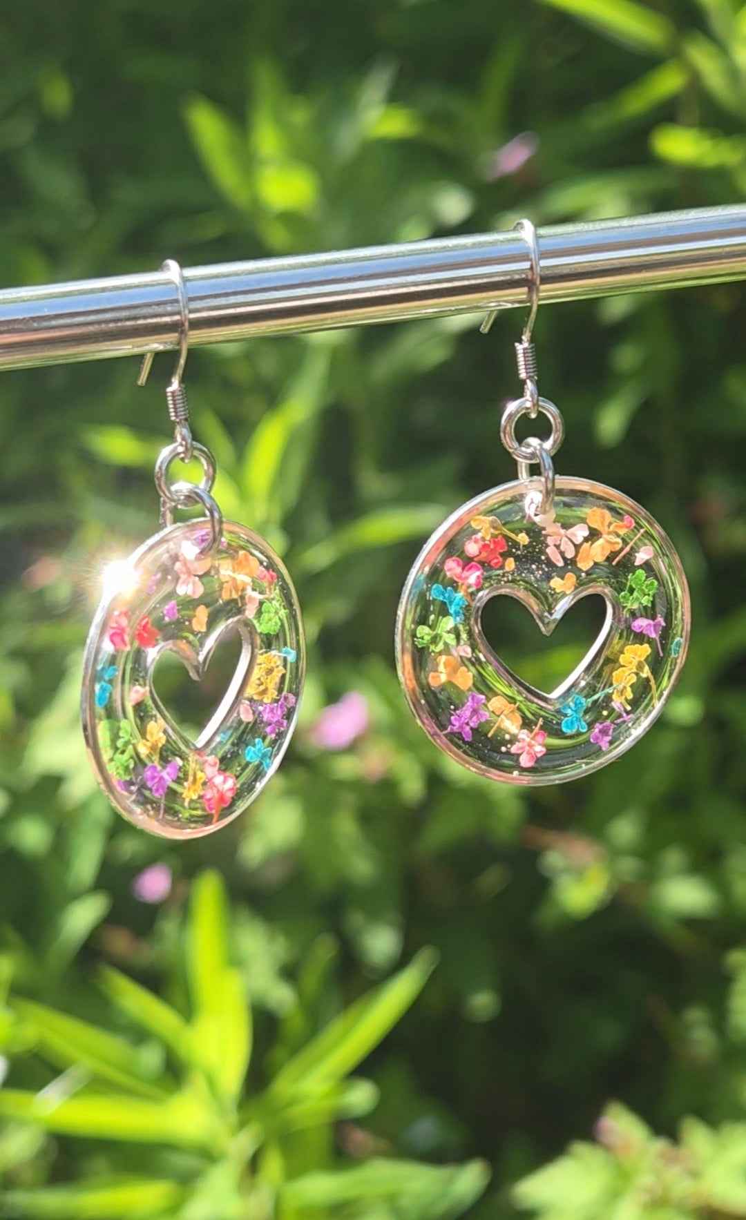 Confetti Heart Real Flower Resin Statement Drop Earrings