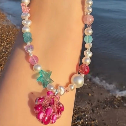 Resin Shell Beaded Necklace with Abalone Shell & Narcissus Flowers