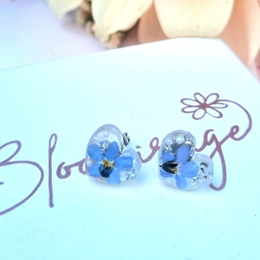 Tiny Heart Forget Me Not & Pearl Stud earrings