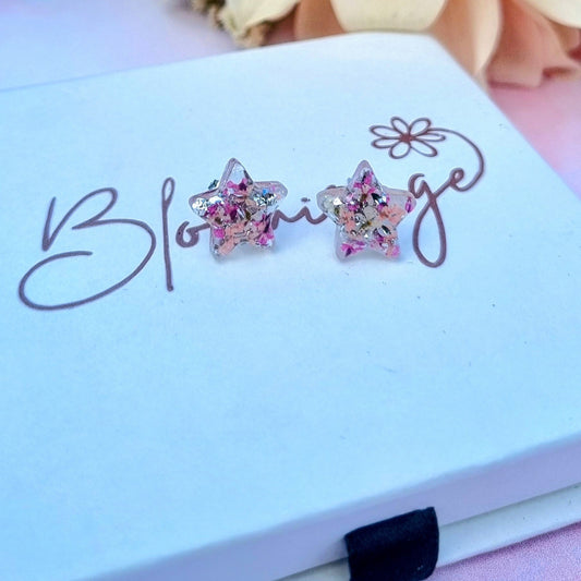 Tiny Star Pink & Silver flower stud earrings