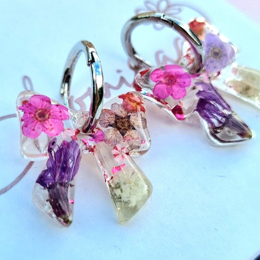 "DARLING" Bow pink & white flower hoop earrings