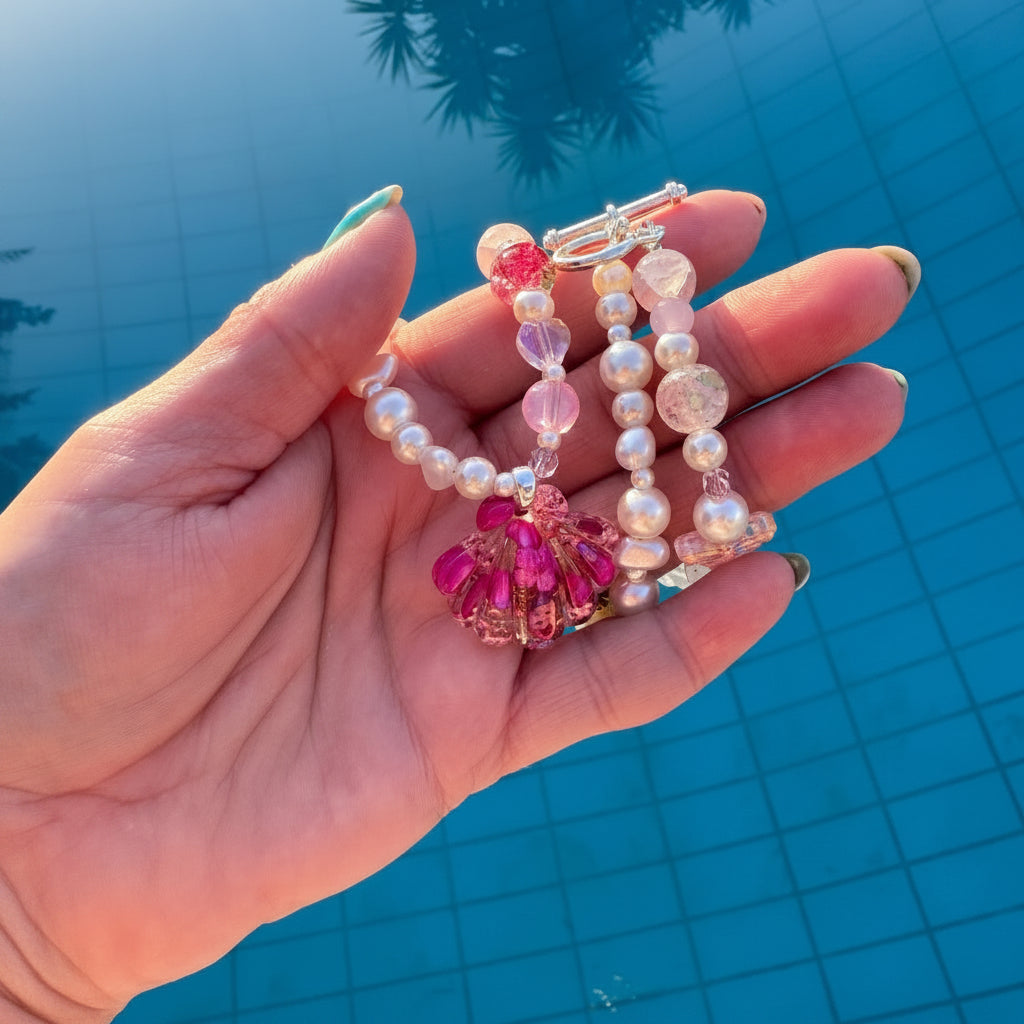 Resin Shell Beaded Necklace with Abalone Shell & Narcissus Flowers