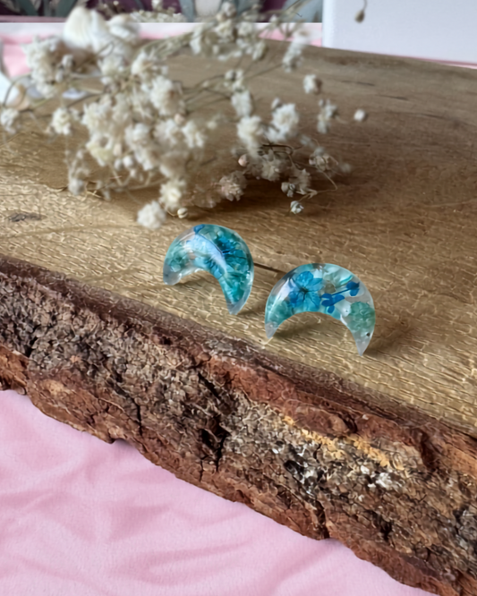 Aqua Moon Handmade Stud Earrings | Whimsical Botanical Jewellery | Meaningful Pressed Flower Gift