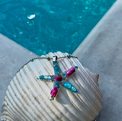 Resin Starfish Necklace with Abalone Shell & Narcissus Flowers