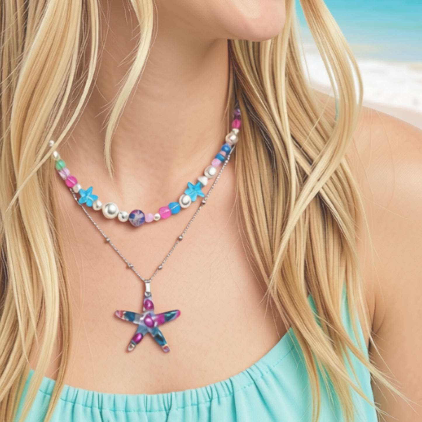 Resin Starfish Necklace & Handmade bead matching necklace.