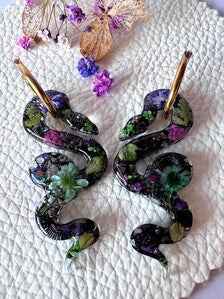 Snake Resin Hoop Earrings | Amethyst Coloured Gems with Green and Purple Flowers |Magical Jewellery | Real Botanicals and Lace