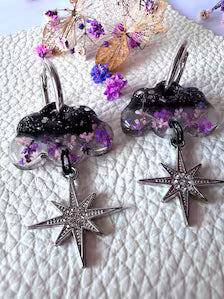 Clouds & Stars Purple Hoop Earrings | Real Pressed Flowers