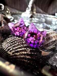 Cat Resin Stud Earrings | Black lace & Purple real flower Studs | Magical Botanical Jewellery