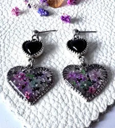Magical Flower Resin Fairycore Earrings | Unique Double Heart Design with Real Pressed Flowers