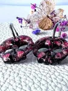 Skull Hoop Resin Earrings with Pink Babies Breath, Pressed Flowers Botanical Jewellery