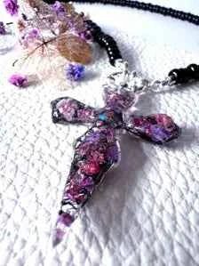 Cross Pendant Beaded Necklace | Dark Fantasy Botanical Resin Jewellery Gift