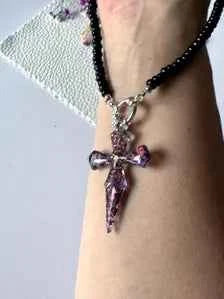 Cross Pendant Beaded Necklace | Dark Fantasy Botanical Resin Jewellery Gift