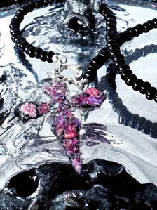 Cross Pendant Beaded Necklace | Dark Fantasy Botanical Resin Jewellery Gift