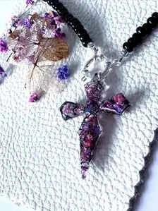 Cross Pendant Beaded Necklace | Dark Fantasy Botanical Resin Jewellery Gift