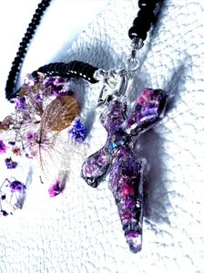 Cross Pendant Beaded Necklace | Dark Fantasy Botanical Resin Jewellery Gift