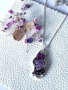 Crystal Cat Pendant Necklace | Silver Plated Real Hydrangea and Crystals | Botanical Resin Jewellery Gift