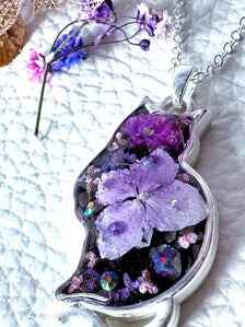 Crystal Cat Pendant Necklace | Silver Plated Real Hydrangea and Crystals | Botanical Resin Jewellery Gift