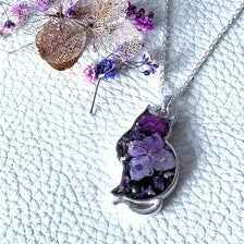 Crystal Cat Pendant Necklace | Silver Plated Real Hydrangea and Crystals | Botanical Resin Jewellery Gift