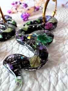 Snake Resin Hoop Earrings | Amethyst Coloured Gems with Green and Purple Flowers |Magical Jewellery | Real Botanicals and Lace