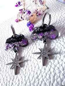Clouds & Stars Purple Hoop Earrings | Real Pressed Flowers