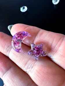 Moon & Star Mismatched Stud Earrings | Celestial Purple Studs | Magical Botanical Jewellery