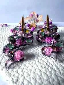 Horned Snake Hoop Earrings  | Peridot Green & Citrine Yellow Crystal Gems | Green and Pink Flowers