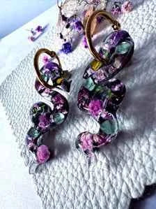 Horned Snake Hoop Earrings  | Peridot Green & Citrine Yellow Crystal Gems | Green and Pink Flowers