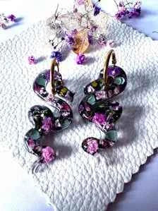 Horned Snake Hoop Earrings  | Peridot Green & Citrine Yellow Crystal Gems | Green and Pink Flowers