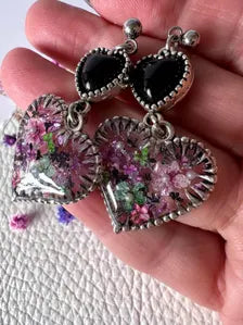 Magical Flower Resin Fairycore Earrings | Unique Double Heart Design with Real Pressed Flowers