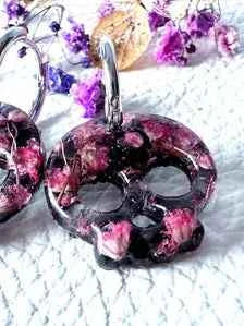 Skull Hoop Resin Earrings with Pink Babies Breath, Pressed Flowers Botanical Jewellery