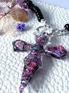 Cross Pendant Beaded Necklace | Dark Fantasy Botanical Resin Jewellery Gift