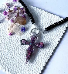 Cross Pendant Beaded Necklace | Dark Fantasy Botanical Resin Jewellery Gift