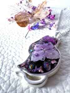 Crystal Cat Pendant Necklace | Silver Plated Real Hydrangea and Crystals | Botanical Resin Jewellery Gift