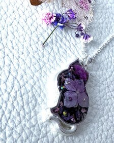 Crystal Cat Pendant Necklace | Silver Plated Real Hydrangea and Crystals | Botanical Resin Jewellery Gift