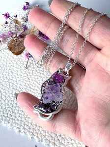 Crystal Cat Pendant Necklace | Silver Plated Real Hydrangea and Crystals | Botanical Resin Jewellery Gift