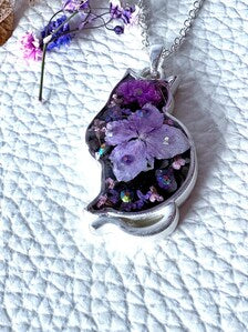 Crystal Cat Pendant Necklace | Silver Plated Real Hydrangea and Crystals | Botanical Resin Jewellery Gift