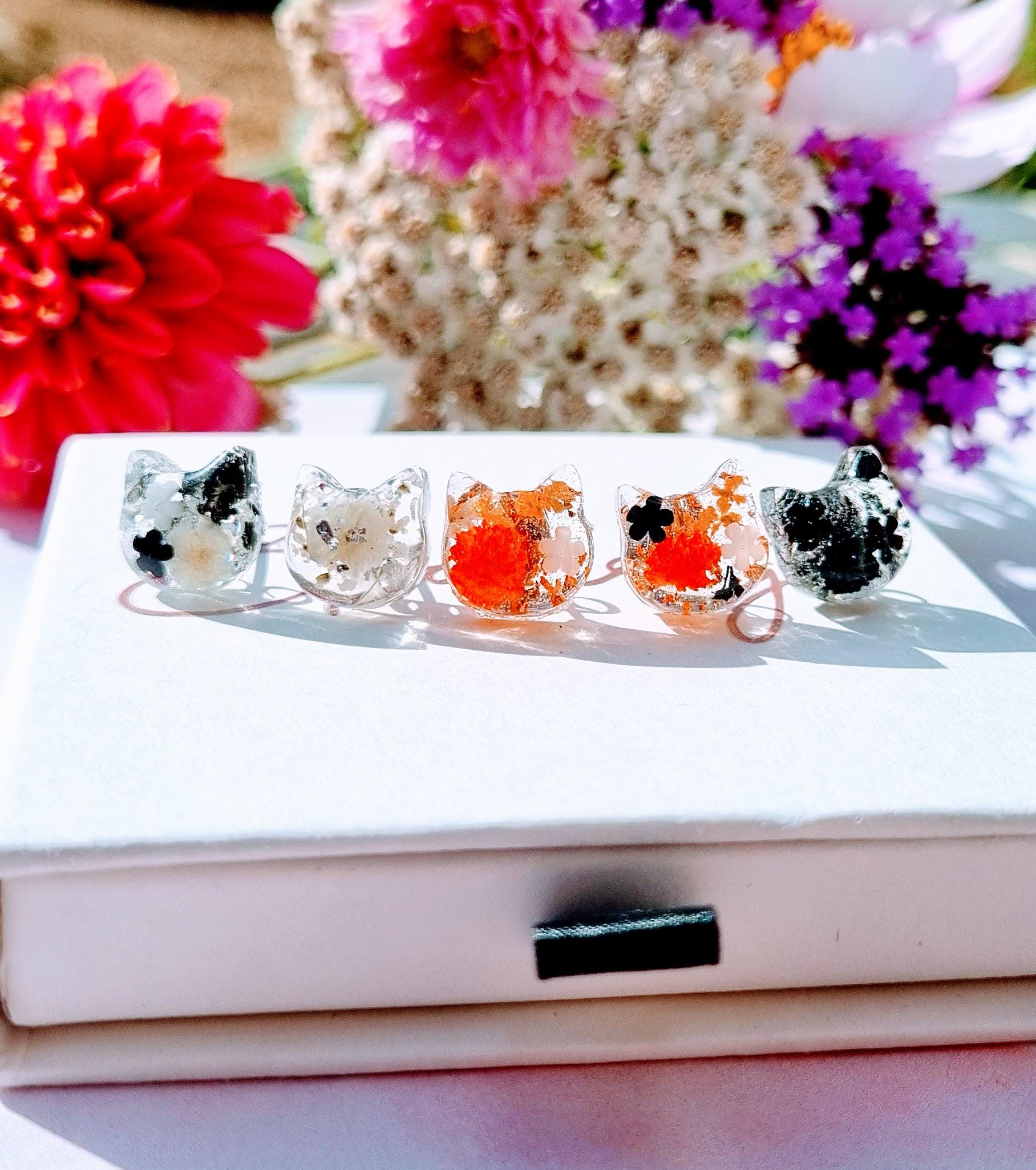 Cat Stud Earrings | Handmade Resin Jewellery | Real Pressed Flower | Feline Lover Gift