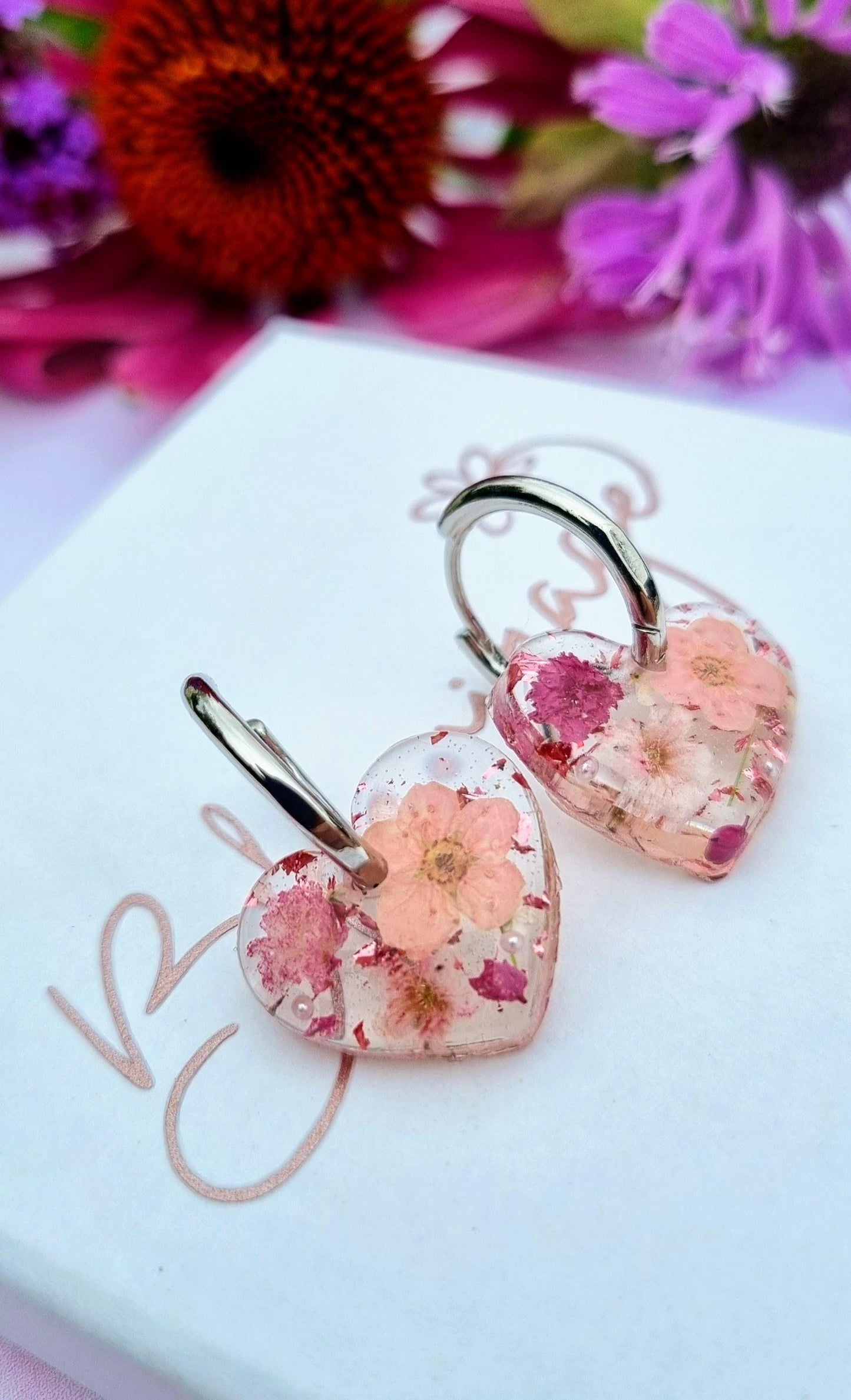 Pink Heart Hoop Earrings | Real Pressed Flower Botanical Jewelry | Meaningful Gift for her