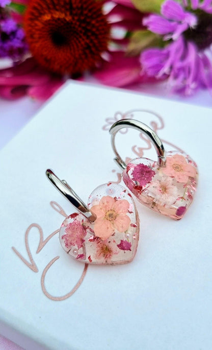Pink Heart Hoop Earrings | Real Pressed Flower Botanical Jewelry | Meaningful Gift for her